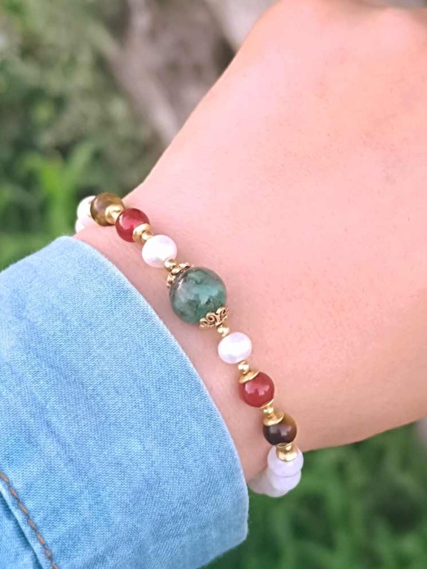 6mm Aytaşı , Kırmızı Akik , Kaplan Gözü , İnci & Yeşil Zümrüt Taşlı Bileklik