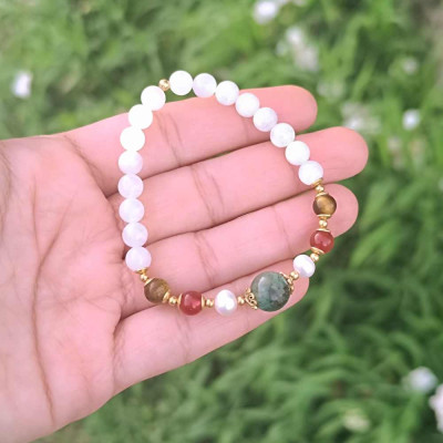 Multi Stone Bracelet , 6mm Moonstone , Red Agate , Tiger Eye , Pearl & Green Emerald Stones Bracelet