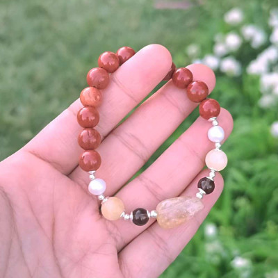 Multi Stone Bracelet , 8mm Natural Red Jasper , Pearl , Citrine & Smoky Quartz Stone Bracelet