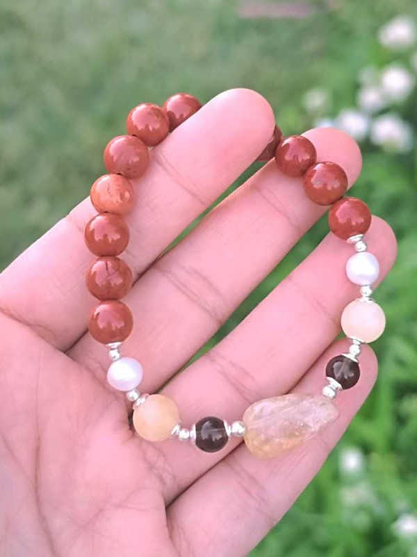 8mm Kırmızı Jasper , İnci , Sitrin ve Dumanlı Kuvars Taşlı Bileklik