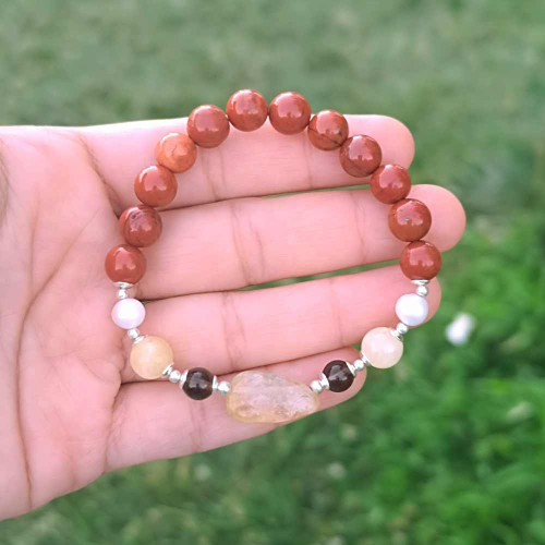 Multi Stone Bracelet , 8mm Natural Red Jasper , Peral , Citrine & Smoky Quartz Stone Bracelet