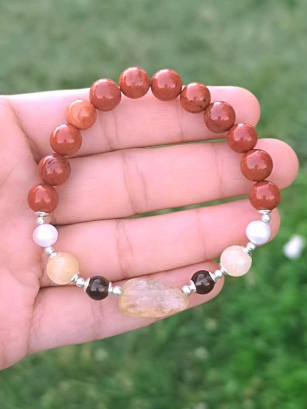 8mm Kırmızı Jasper , İnci , Sitrin ve Dumanlı Kuvars Taşlı Bileklik
