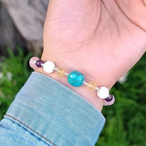 Multi Stone Bracelet , 8mm Rose Quartz , Turquoise , Moonstone , Amethyst & Citrine Stones Bracelet Multi Stone Bracelet , 8mm Rose Quartz , Turquoise , Moonstone , Amethyst & Citrine Stones Bracelet