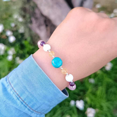 Multi Stone Bracelet , 8mm Rose Quartz , Turquoise , Moonstone , Amethyst &  Citrine Stones Bracelet