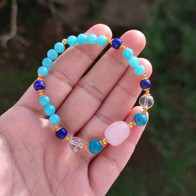 Multi Stone Bracelet , 6mm Natural Amazonite , Lapis Lazuli , Crystal Quartz , Turquoise & Rose Quartz Bracelet