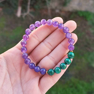 8mm Natural Malachite & Amethyst  Stones Bracelet