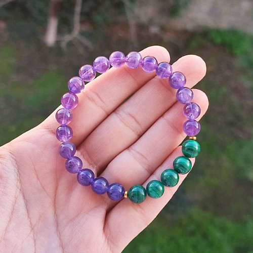 8mm Natural Malachite & Amethyst  Stones Bracelet