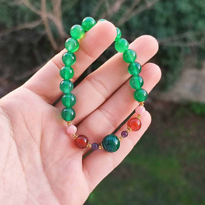 Multi Stone Bracelet , 8mm Green Agate , Red Agate , Rhodochrosite , Amethyst & Malachite Stones Bracelet