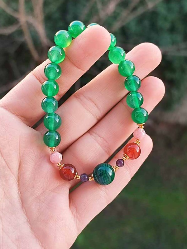 8mm Yeşil Akik , Kırmızı Akik , Rodokrozit , Ametist ve Malakit Taşlı Bileklik