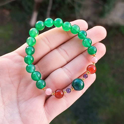Multi Stone Bracelet , 8mm Green Agate , Red Agate , Rhodochrosite , Amethyst & Malachite Stones Bracelet