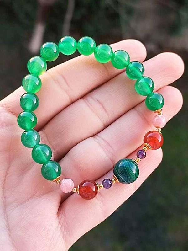 8mm Yeşil Akik , Kırmızı Akik , Rodokrozit , Ametist ve Malakit Taşlı Bileklik