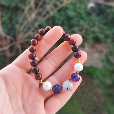 Natural Rose Wood Bracelet With Amethyst , Rutilated Quartnz & Pearl Bracelet