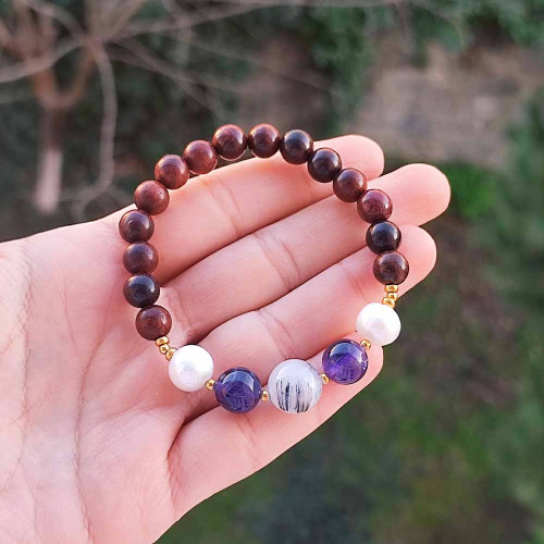 Natural Rose Wood Bracelet With Amethyst , Rutilated Quartnz & Pearl Bracelet Natural Rose Wood Bracelet With Amethyst , Rutilated Quartnz & Pearl Bracelet