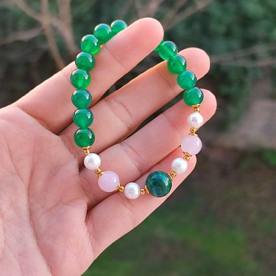 Multi Stone Bracelet , 8mm Green Agate , Rose Quartz , Pearl & Malachite Stones Bracelet