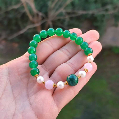 Multi Stone Bracelet , 8mm Green Agate , Rose Quartz , Pearl & Malachite Stones Bracelet