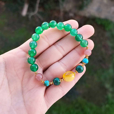 Multi Stone Bracelet , 8mm Green Agate , Malachite , Amber , Strawberry Quartz & Turquoise Stones Bracelet