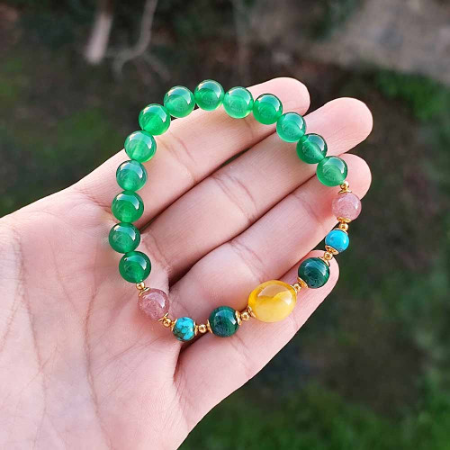 Multi Stone Bracelet , 8mm Green Agate , Malachite , Amber , Strawberry Quartz & Turquoise Stones Bracelet Multi Stone Bracelet , 8mm Green Agate , Malachite , Amber , Strawberry Quartz & Turquoise Stones Bracelet