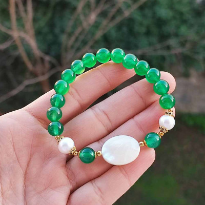 Multi Stone Bracelet , 8mm Green Agate , Pearl & Mother Of Pearl Stones Bracelet