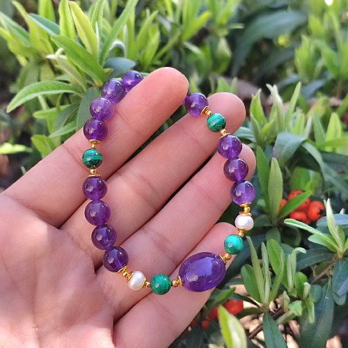 Multi Stone Bracelet , 8mm Amethyst , Malachite & Pearl Bracelet