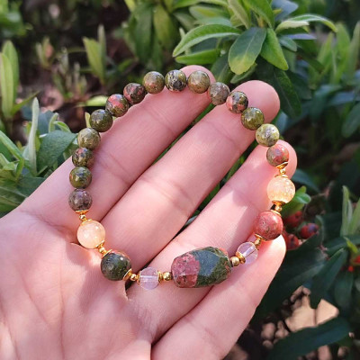 Multi Stone Bracelet , 8mm Natural Unakite , Crystal Quartz & Citrine Stone Bracelet