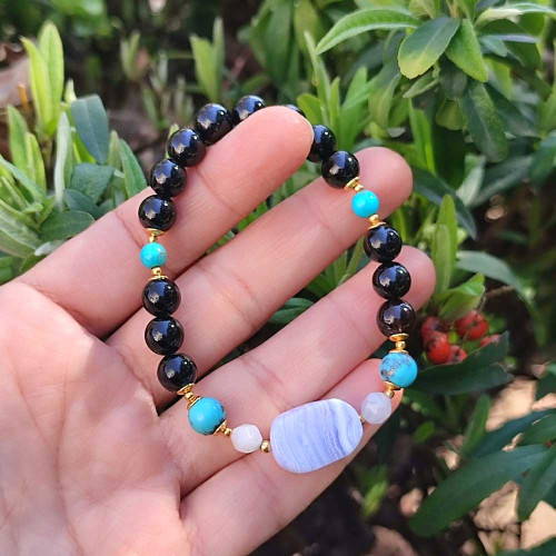 Multi Stone Bracelet , 8mm Natural Black Tourmaline , Turquoise , Moonstone & Blue Chalcedony ( Lace Agate ) Stones Bracelet Multi Stone Bracelet , 8mm Natural Black Tourmaline , Turquoise , Moonstone & Blue Chalcedony ( Lace Agate ) Stones Bracelet