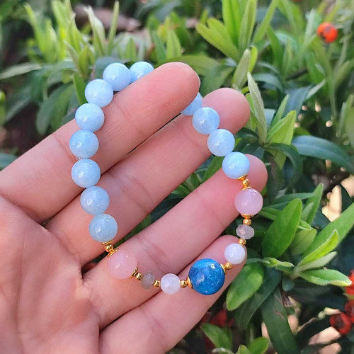 Multi Stone Bracelet , 8mm Natural Aquamarine , Apatite , Rose Quartz & Moonstone Stone Bracelet Multi Stone Bracelet , 8mm Natural Aquamarine , Apatite , Rose Quartz & Moonstone Stone Bracelet