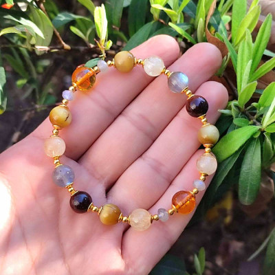 Multi Stone Bracelet , 8mm Natural Tiger Eye , Citrine , Labradorite & Amber Bracelet