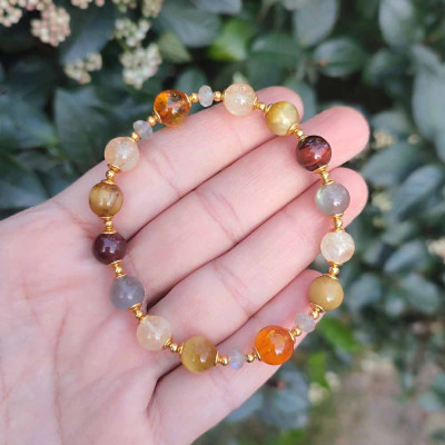 Multi Stone Bracelet , 8mm Natural Tiger Eye , Citrine , Labradorite & Amber Bracelet