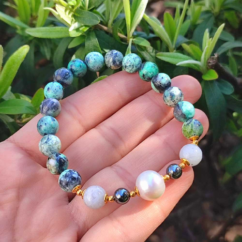 Multi Stone Bracelet  , 8mm Natural Chrysocolla , Moonstone , Hematite  & White Pearl Bracelet