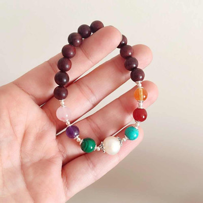 Multi Stone Bracelet , 8mm Natural wood with 7 stone Of Stones