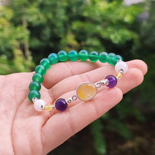 Multi Stone Bracelet , 8mm Green Agate , Rose Quartz , Citrine , Amethyst & Yellow Sapphire Stones Bracelet Multi Stone Bracelet , 8mm Green Agate , Rose Quartz , Citrine , Amethyst & Yellow Sapphire Stones Bracelet