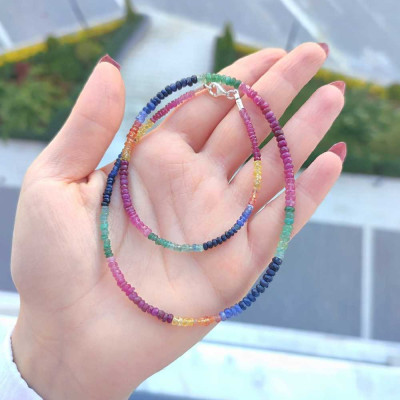 Multi stone Necklace , 925 Sterline Silver Red Ruby , Blue & Yellow Sapphire , Green Emerald Necklace