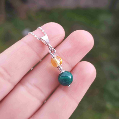 925 Sterling Silver Citrine & Malachite Stone Pendant
