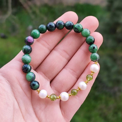 Multi Stone Bracelet , 8mm Natural Ruby Zoisite , Pearl & Peridot Stone Bracelet