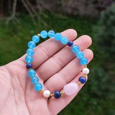 Multi Stone Bracelet , 8mm Blue Agate , Lapis Lazuli , Pearl & Rose Quartz Bracelet
