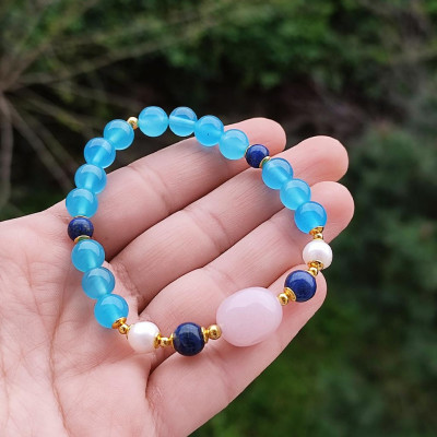 Multi Stone Bracelet , 8mm Blue Agate , Lapis Lazuli , Pearl & Rose Quartz Bracelet