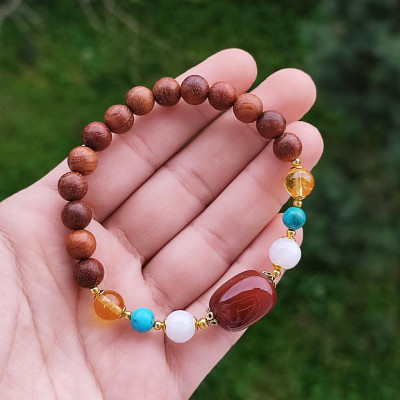Natural Rose Wood Bracelet With Citrine , Moonstone, Turquoise & Red Agate Bracelet