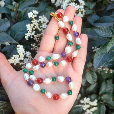 Multi stone Necklace , 925 Sterline Silver White Pearl With 8 mm Red Agate , Amethyst , Malachite Necklace