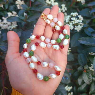 Multi stone Necklace , 925 Sterling Silver White Pearl With  8 mm Red Agate , Rose Quartz & Green Jade Necklace