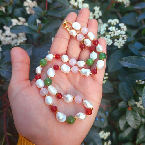 Multi stone Necklace , 925 Sterline Silver White Pearl With 8 mm Red Agate , Rose Quartz & Green Jade Necklace Multi stone Necklace , 925 Sterline Silver White Pearl With 8 mm Red Agate , Rose Quartz & Green Jade Necklace