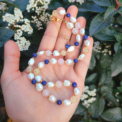 Multi stone Necklace , 925 Sterling Silver White Pearl With  8 mm Citrine , Rose Quartz & Lapis Lazuli Necklace