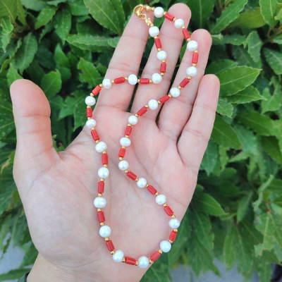 925 Silver Natural Red Coral Stone & White Pearl Pendant