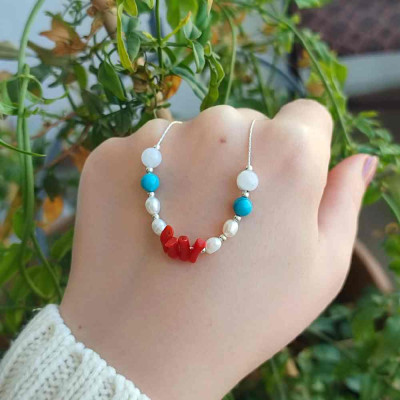 Multi Stone Pendant . moon stone , turquoise , red coral, pearl in One Pendant