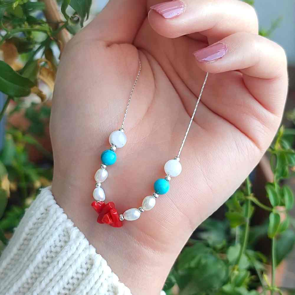Multi Stone Pendant .moon stone , turquoise , red coral, pearl in One Pendant