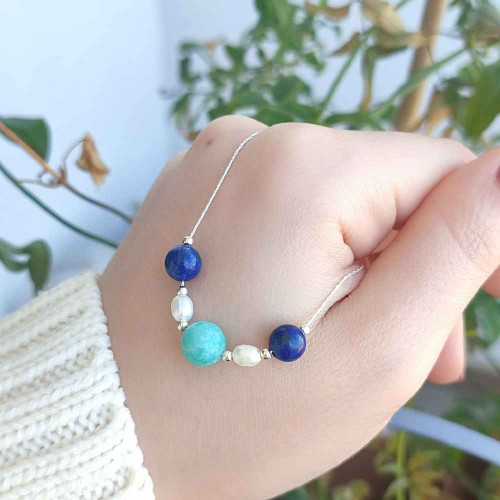Multi Stone Pendant .lapis lazuli , amazonite, pearl in One Pendant
