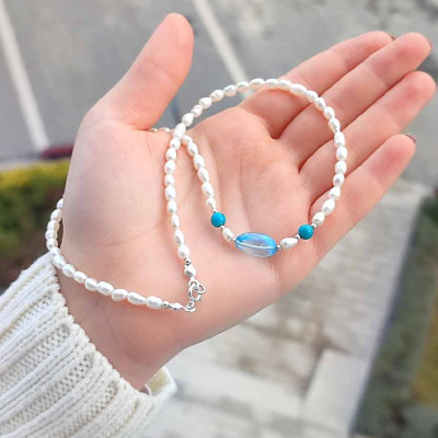 Multi stone Necklace , 925 Sterline Silver , topaz, turquoise , pearl Necklace