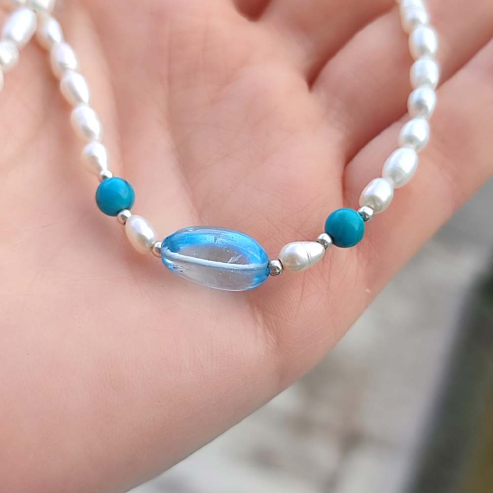 Multi stone Necklace , 925 Sterline Silver , topaz, turquoise , pearl Necklace 