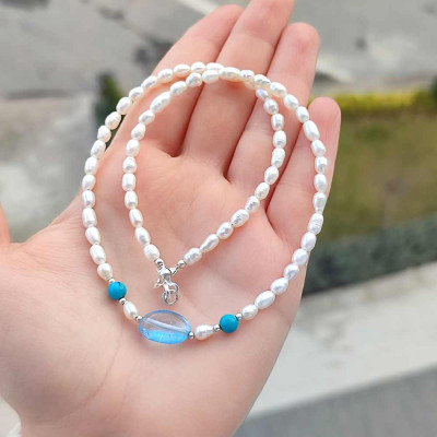 Multi stone Necklace , 925 Sterline Silver , topaz, turquoise , pearl Necklace