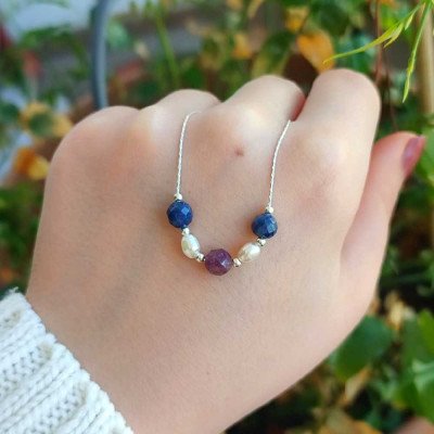 Multi Stone Pendant .red ruby , sapphire & pearl in One Pendant