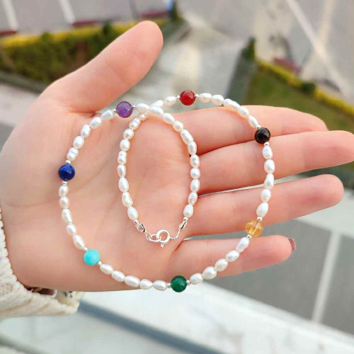 Multi stone Necklace , 925 Sterline Silver , chakras , pearl Necklace Multi stone Necklace , 925 Sterline Silver , chakras , pearl Necklace